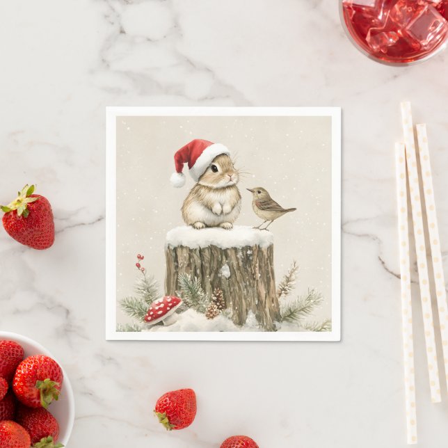 Snowy Forest Winter Woodland Christmas Bunny Bird  Napkins (Insitu)
