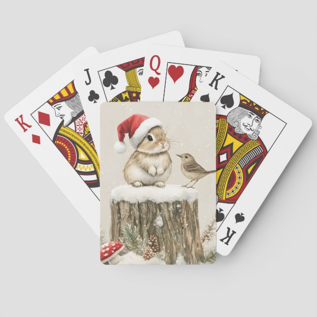 Snowy Forest Winter Woodland Christmas Bunny Bird  Poker Cards (Back)