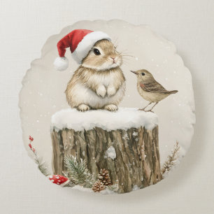 Snowy Forest Winter Woodland Christmas Bunny Bird Round Pillow