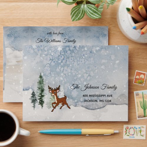 Snowy forest with a baby deer Christmas  Envelope