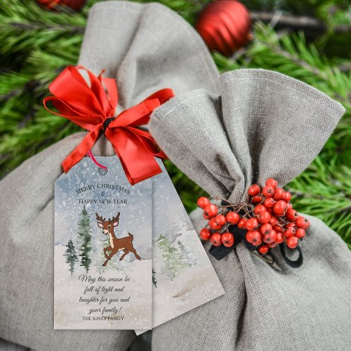 Snowy forest with a baby deer Christmas Gift Tags