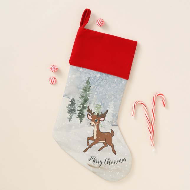 Snowy forest with a baby deer  christmas stocking (Front)