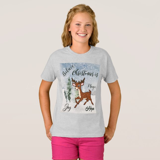 Snowy forest with a baby deer Christmas T-Shirt (Front Full)
