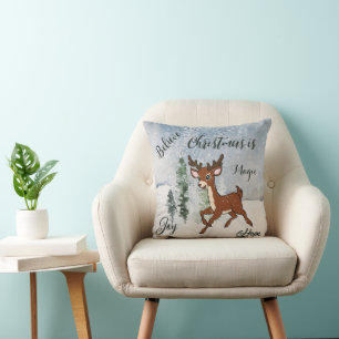 Snowy forest with a baby deer Christmas Throw Pillow