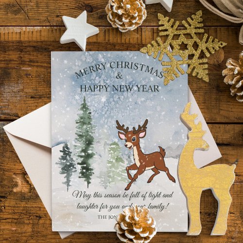 Snowy forest with a baby deer  holiday postcard