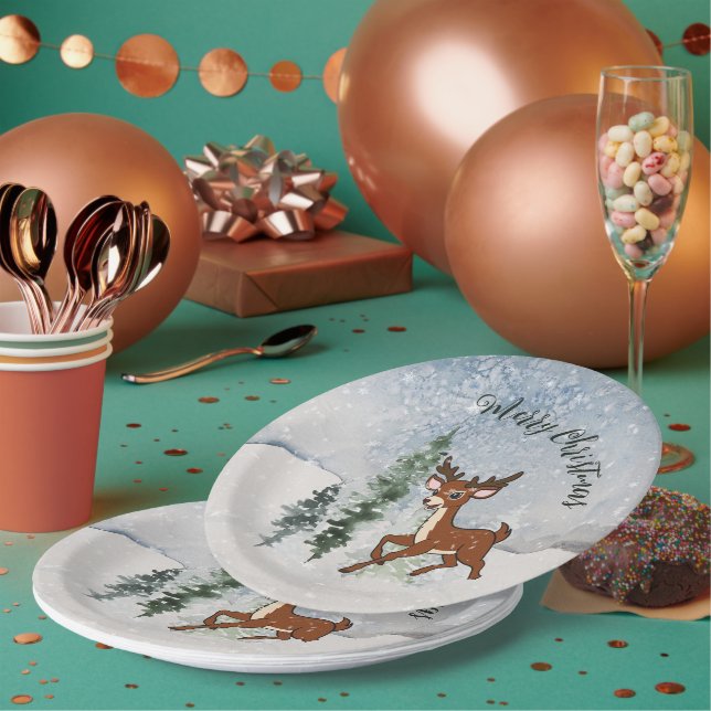 Snowy forest with a baby deer  paper plates (Multi)