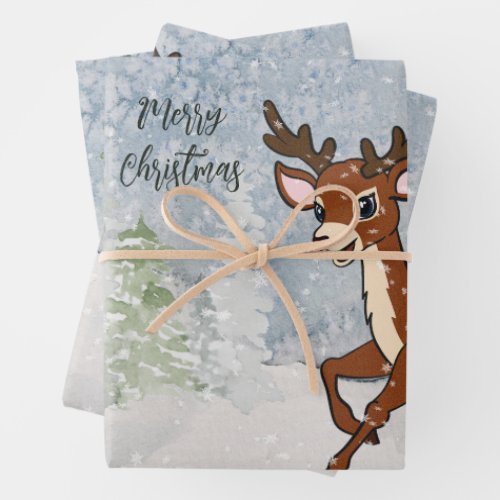 Snowy forest with a baby deer  wrapping paper sheets