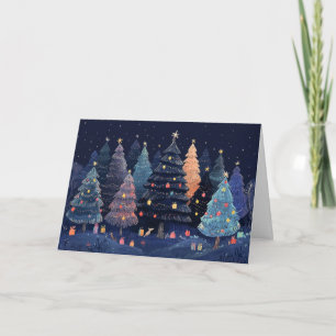 Snowy Forest with Colorful Christmas Lights Card