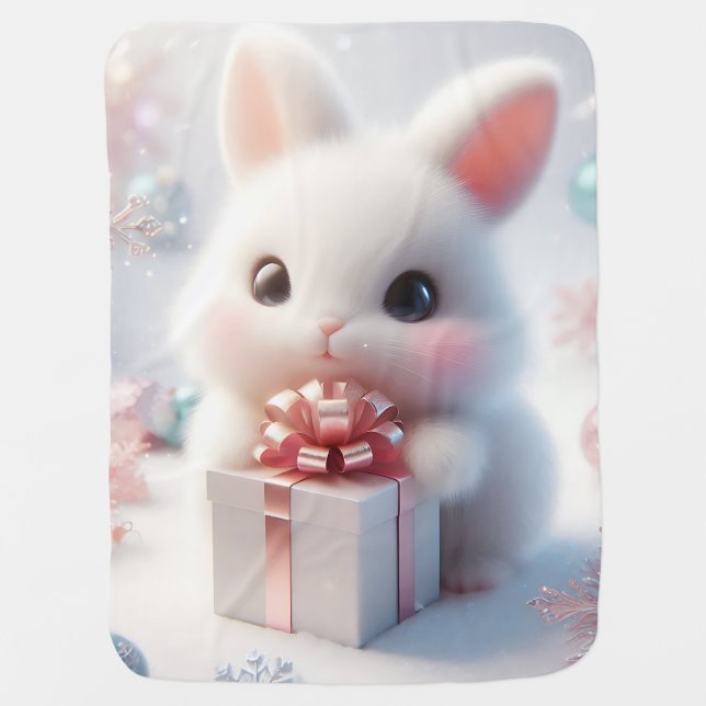 Snowy Gift Bunny Baby Blanket  (Front)
