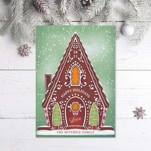 Snowy Gingerbread House Green Non_Photo Holiday Card