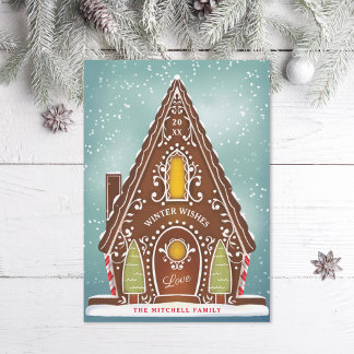 Snowy Gingerbread House Illustration Holiday Photo Card