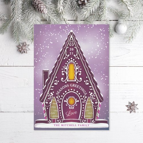 Snowy Gingerbread House Purple Non_Photo Holiday Card