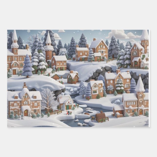 Snowy Gingerbread Village Christmas Wrapping Paper Sheets (Front)