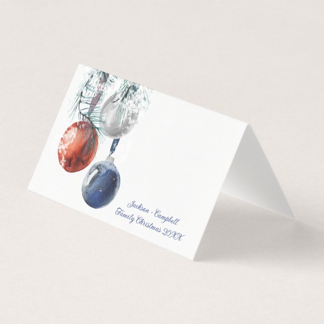 Snowy Glass Ornaments Guest Seating Place Card (Front)
