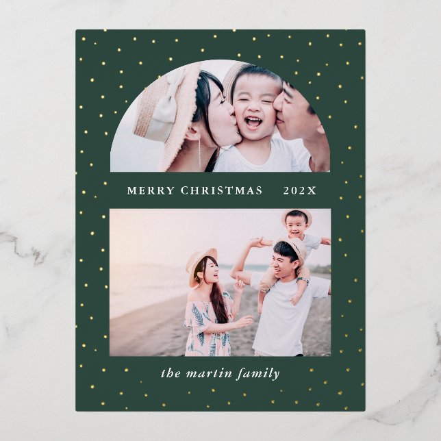 Snowy Globe Christmas Photo Green Foil Holiday Postcard (Front)
