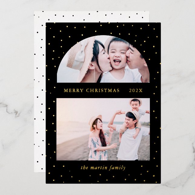 Snowy Globe Christmas Two Photo Black Foil Holiday Card (Front/Back)