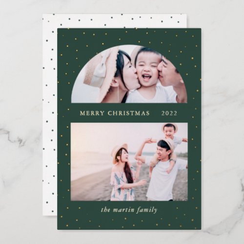Snowy Globe Christmas Two Photo Green Foil Holiday Card