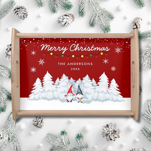 Snowy Gnomes Christmas Serving Tray Red