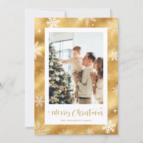Snowy Gold Foil Photo Merry Christmas Cards