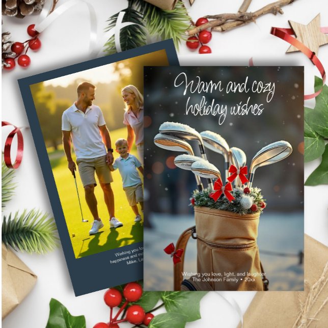 Snowy Golf Winter Season Wishe • Family Photo Navy Holiday Card (Creator Uploaded)