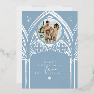 Snowy Gothic Winter Fairytale Christmas Blue Photo Foil Holiday Card