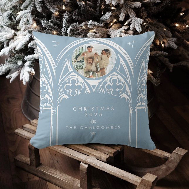 Snowy Gothic Winter Fairytale Christmas Photo Blue Throw Pillow (Creator Uploaded)