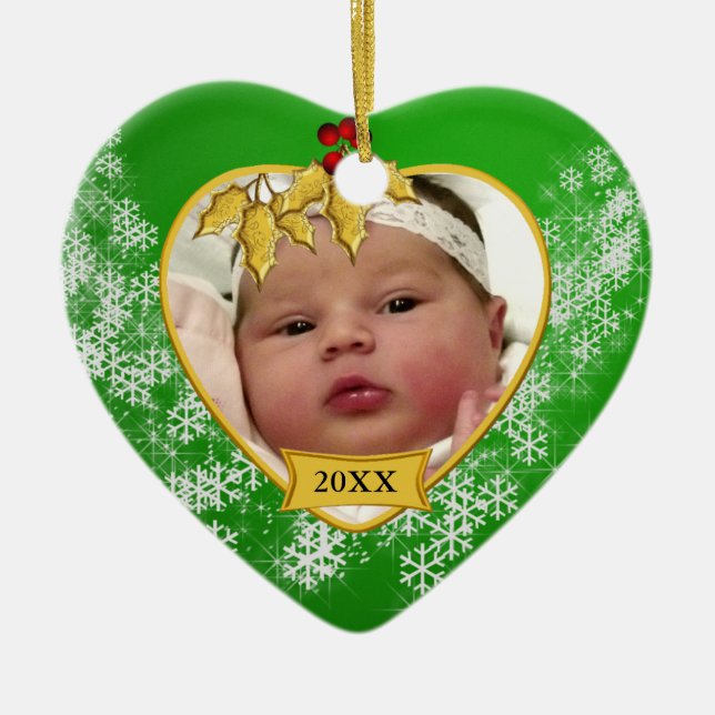 Snowy Green and Gold Baby's 1st Christmas Photo Ceramic Ornament (Front)