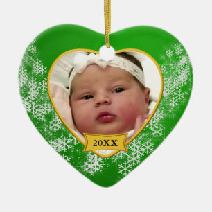 Snowy Green Baby's First Christmas Photo Ceramic Ornament