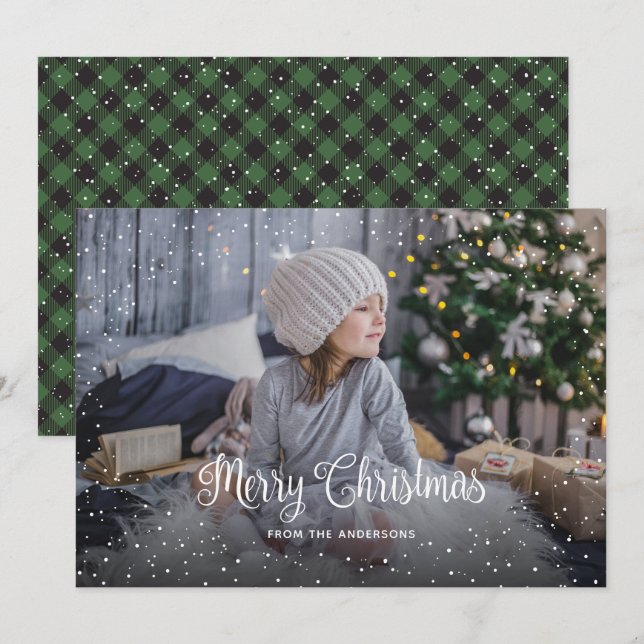 Snowy Green Buffalo Plaid Photo Christmas Cards (Front/Back)