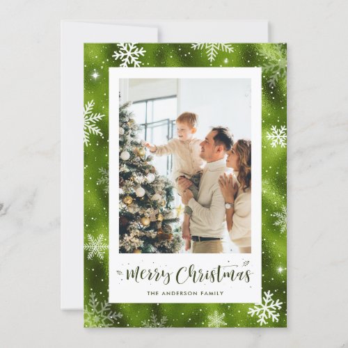 Snowy Green Foil Photo Merry Christmas Cards