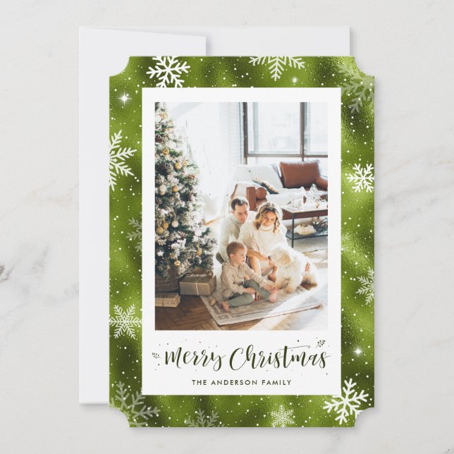 Snowy Green Foil Photo Merry Christmas Holiday Card (Front)