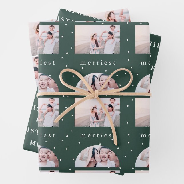 Snowy Green Merriest Christmas Photo Wrapping Paper Sheets (In situ)