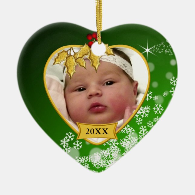 Snowy Green New Baby Photo Christmas Ceramic Ornament (Front)