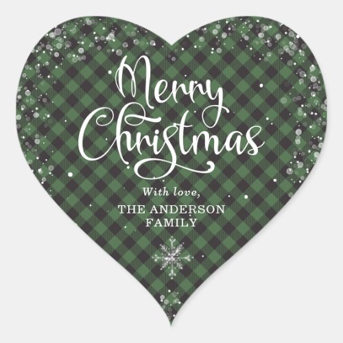 Snowy Green Plaid Calligraphy Merry Christmas Heart Sticker