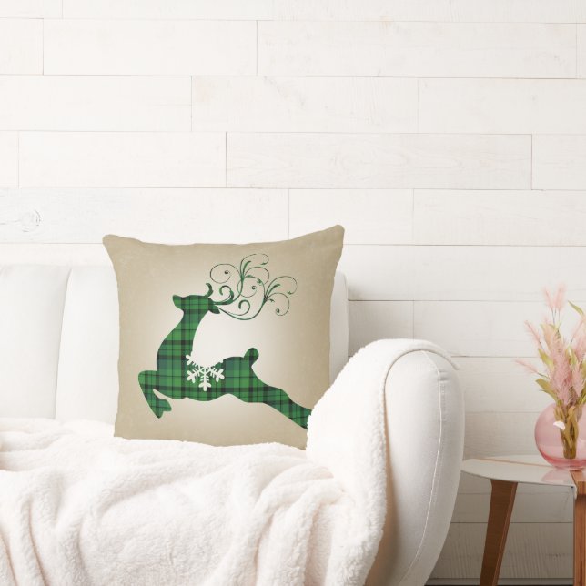 Snowy Green Plaid Christmas Reindeer Throw Pillow (Couch)