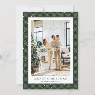 Snowy Green Plaid Photo Merry Christmas Card