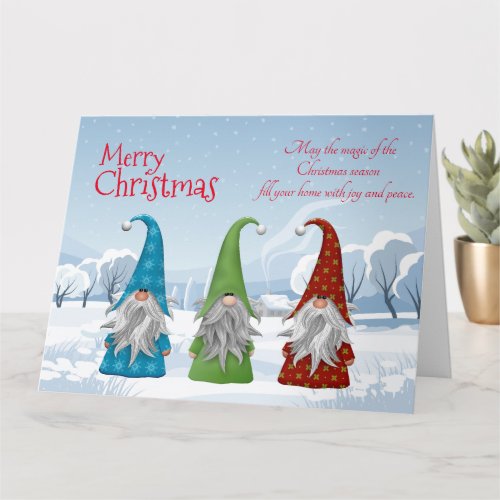 Snowy Green Red Blue Gnome Of Christmas Card