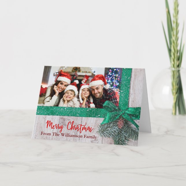 Snowy Green Ribbon Bow on Wood Photo Christmas Holiday Card (Front)