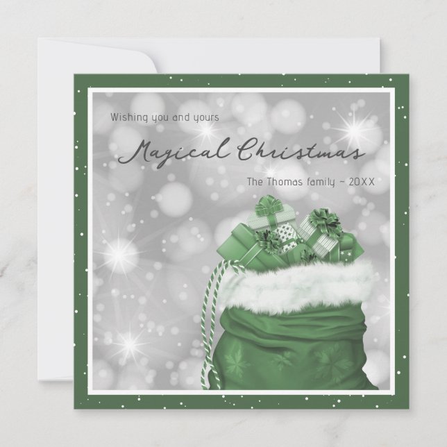 Snowy Green Santa's Bag Magical Christmas Holiday Card (Front)