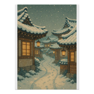 Snowy Hanok Village Retro Art Poster