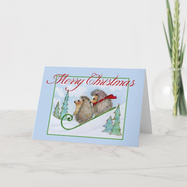 Snowy Hedgehog Sled Christmas Card (Front)