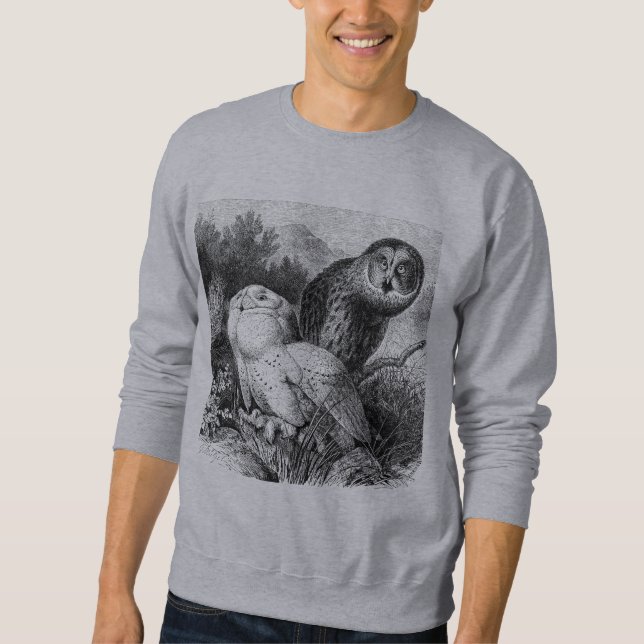 Snowy - Horned Owls Vintage Wood Engraving Sweatshirt (Front)