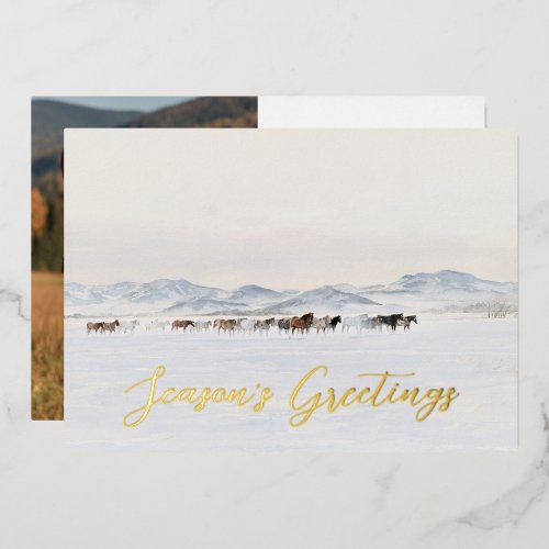 Snowy Horses Equestrian Business Christmas Photo Foil Holiday Card