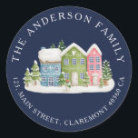 Snowy Houses return address label<br><div class="desc">Christmas address sticker featuring colorful snowy houses.</div>