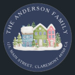Snowy Houses return address label<br><div class="desc">Christmas address sticker featuring colorful snowy houses.</div>
