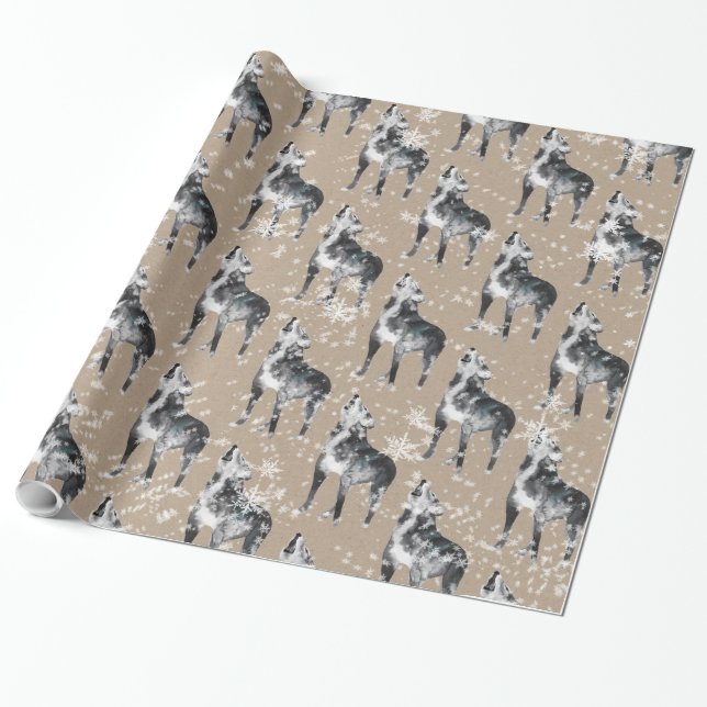 Snowy Howling Winter Wolf Kraft Paper Wrapping (Unrolled)