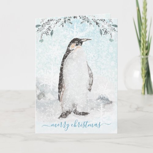 Snowy Icy Arctic Penguin Watercolor Holiday
