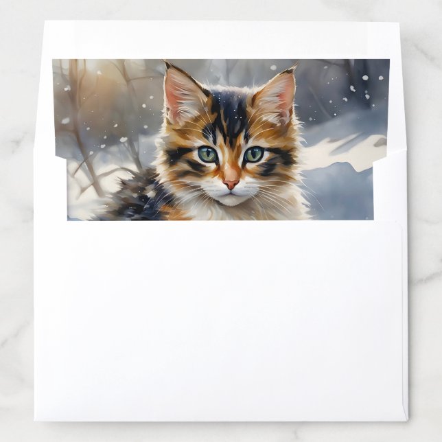 Snowy Kitten Winter Watercolor Cat Stationery Envelope Liner (In Envelope)