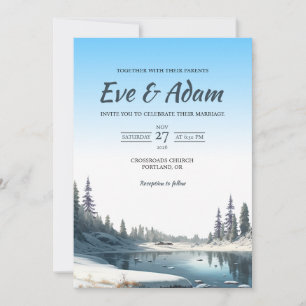 Snowy Lake Pine Rustic Watercolor Winter Wedding Invitation