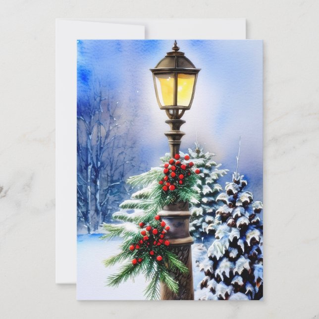 Snowy lamp post budget Christmas Holiday Card (Front)
